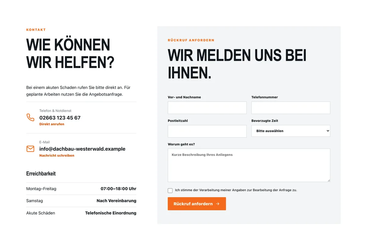 Kontaktseite des Designkonzepts Dachbau Westerwald mit Telefonnummer und Formular nebeneinander