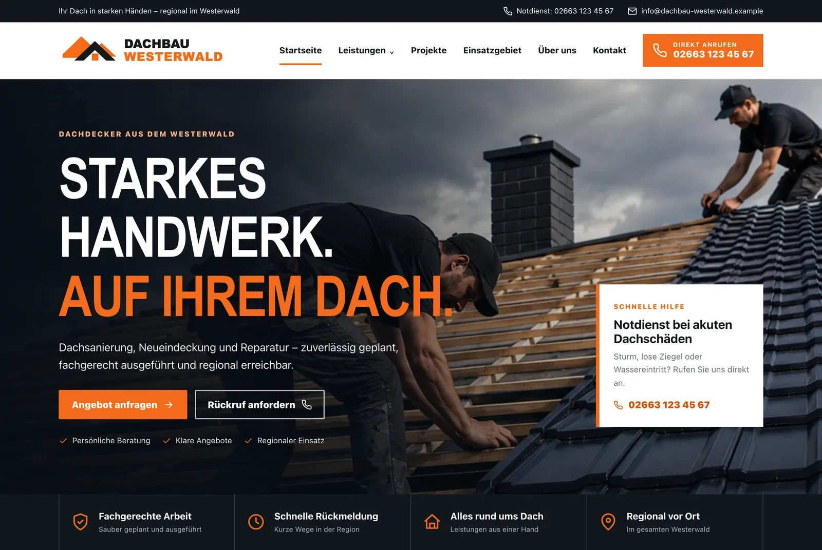 Startseite des Designkonzepts Dachbau Westerwald mit Notdienst-Nummer in der obersten Leiste und Anruf-Schaltfläche in der Kopfzeile