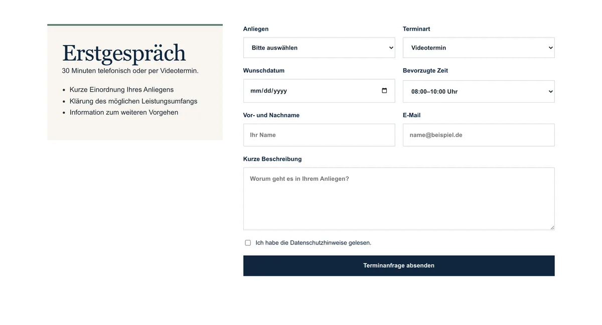 Terminseite des Designkonzepts Klarhain Steuerberatung mit Auswahl von Anliegen und Zeitfenster