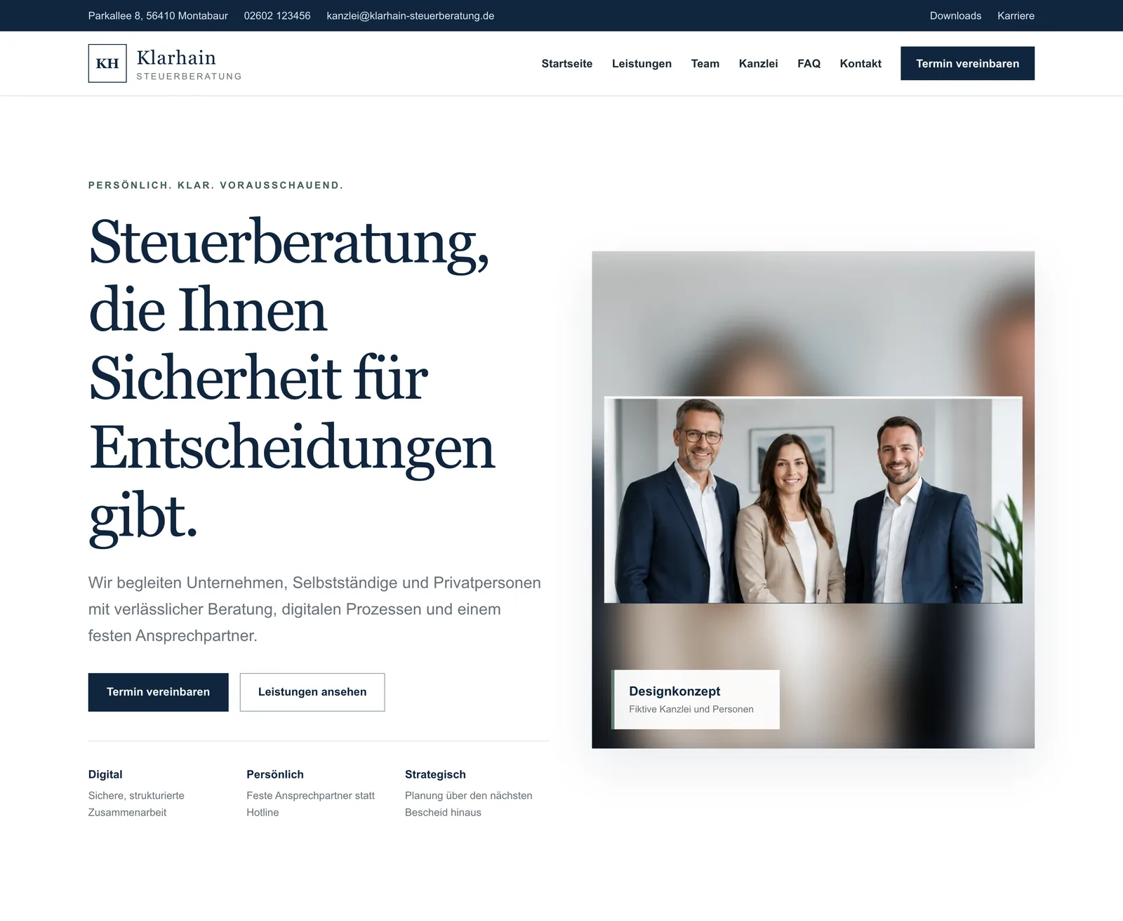 Startseite des Designkonzepts Klarhain Steuerberatung mit klar getrennten Leistungsbereichen