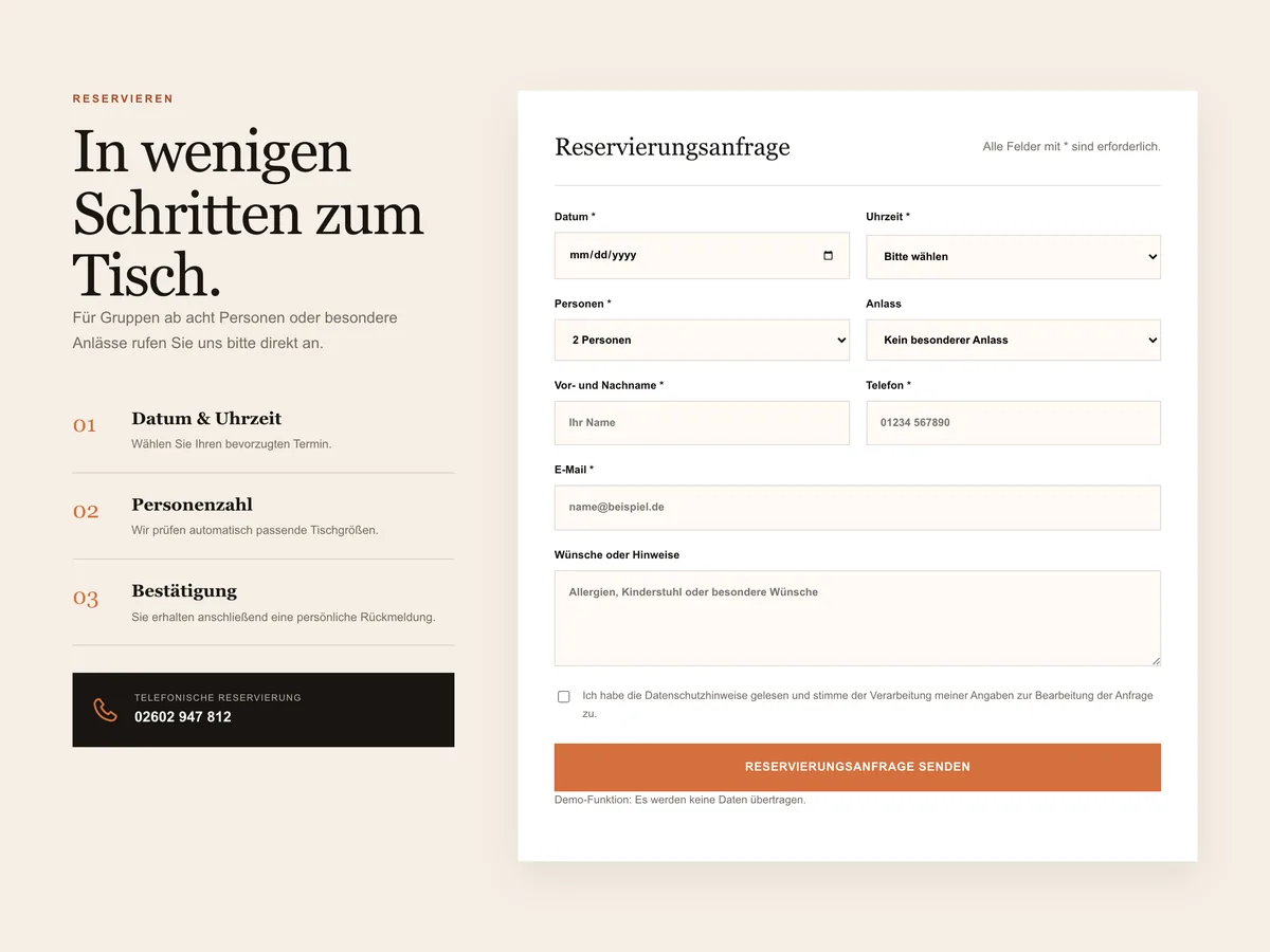 Reservierungsseite des Designkonzepts SERA LUME mit Datum, Uhrzeit und Personenzahl