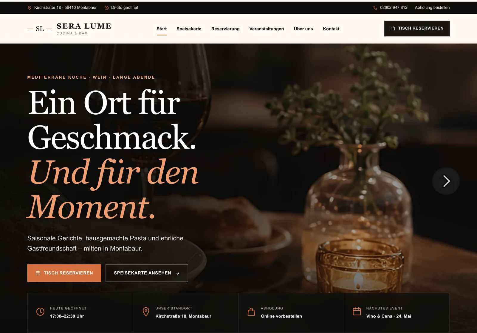 Startseite des Designkonzepts SERA LUME mit großformatigem Bild und Reservierungsschaltfläche in der Kopfzeile